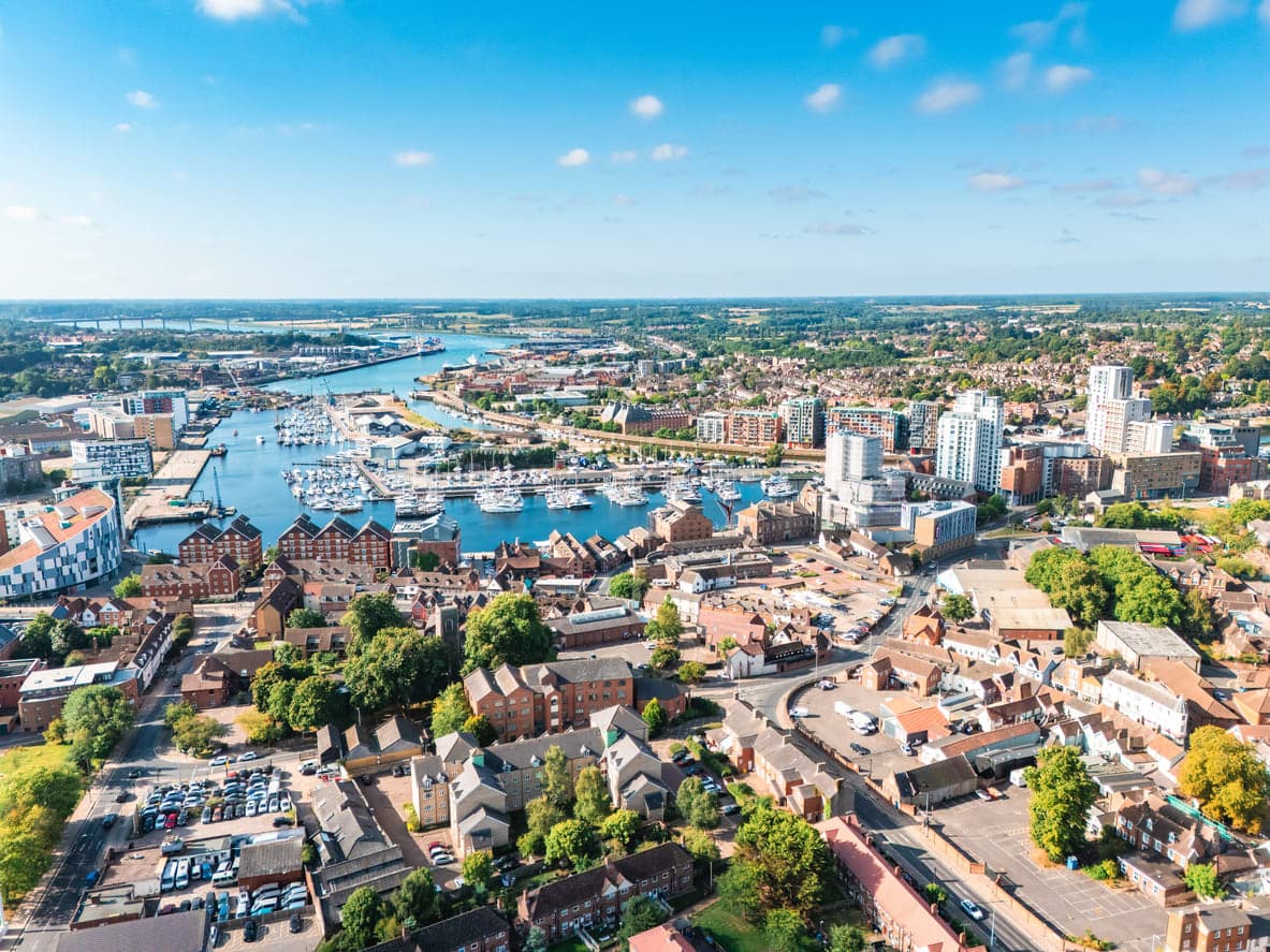 An aerial view of Ipswich in Suffolk showing the location where 1st Response Drainage provides drainage services