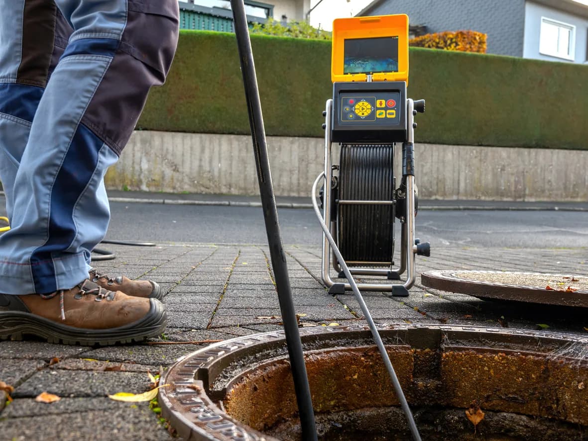 Drainage engineer carrying out a CCTV inspection of an underground drain