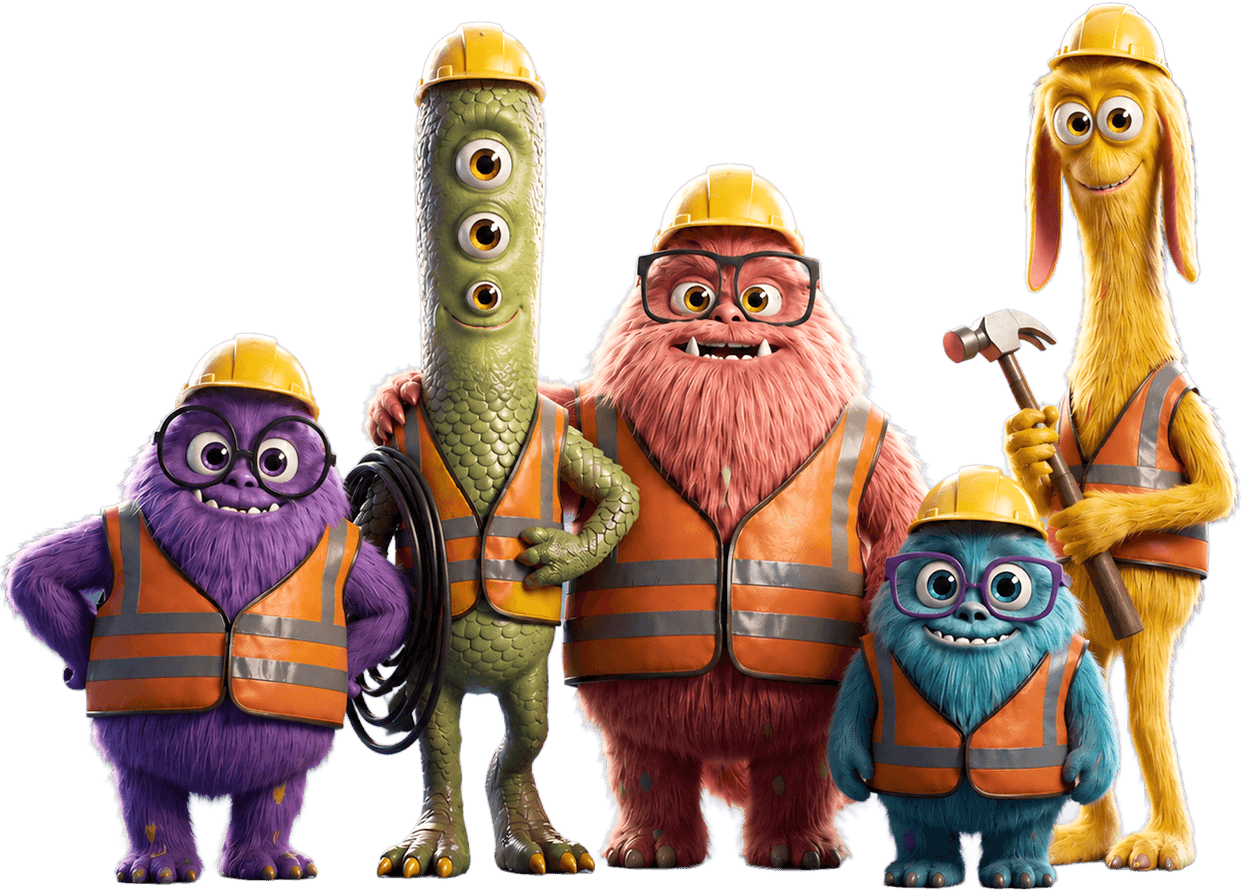Drainage monsters group portrait standing with drainage tools