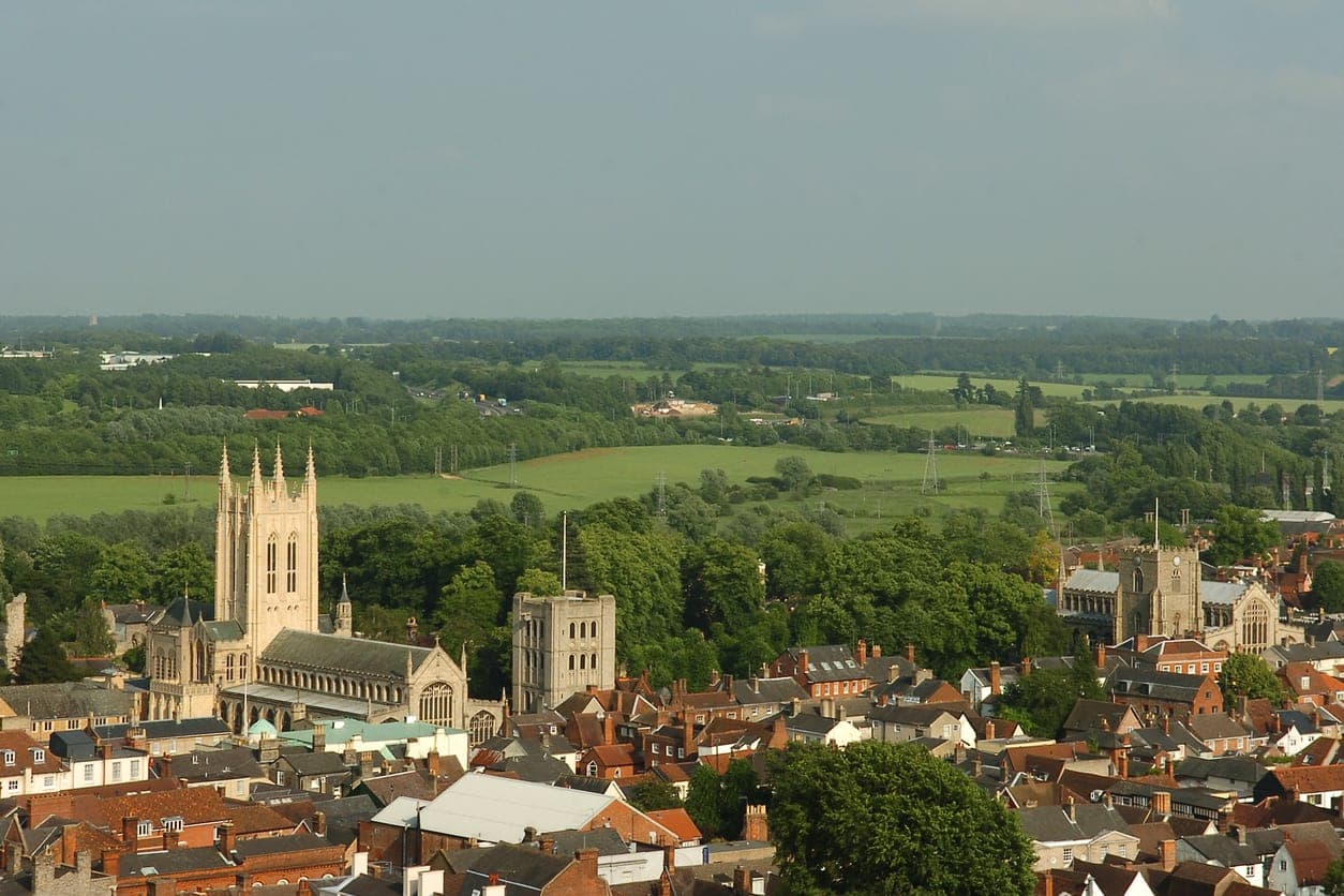 ariel view of Bury St Edmunds showing the area 1st response drainage covers clients with drainage issues