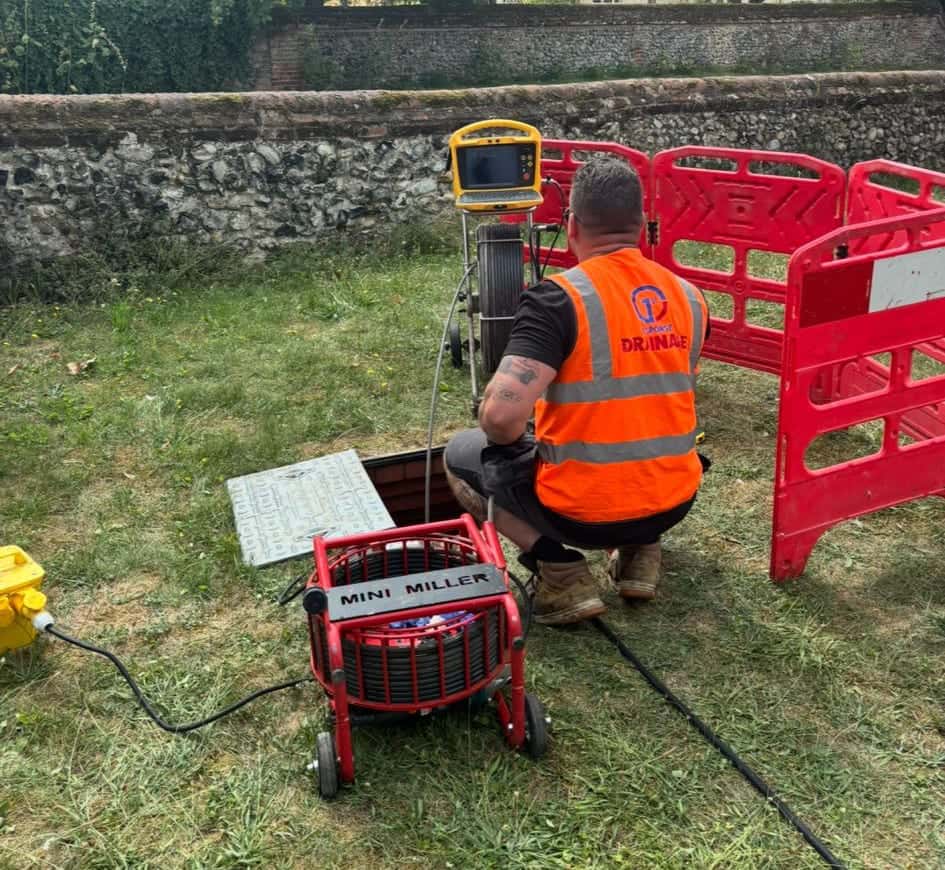 Drainage engineer completing a CCTV drainage survey