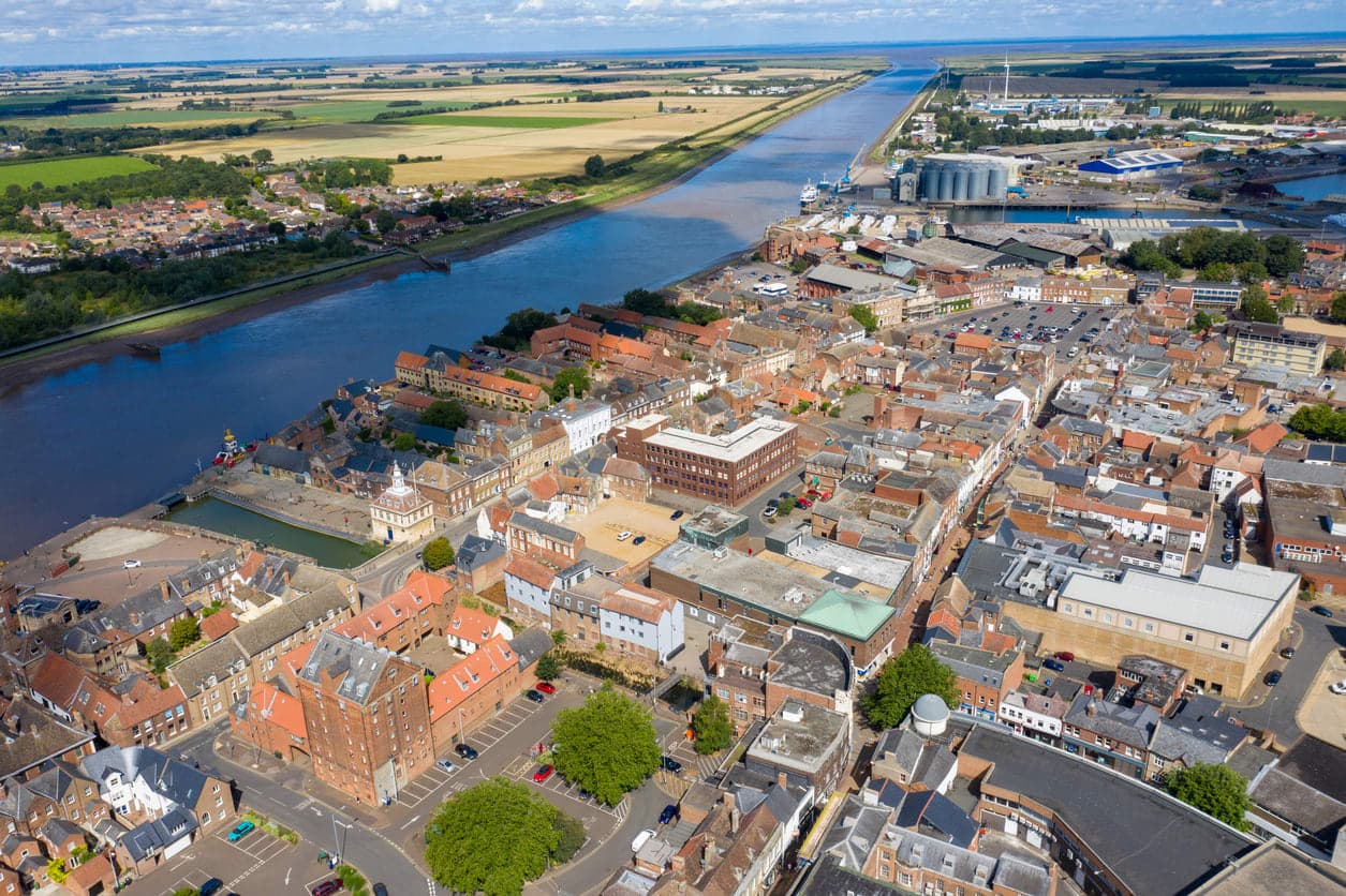 An aerial view of Kings Lynn in Norfolk showing the location where 1st Response Drainage provides drainage services