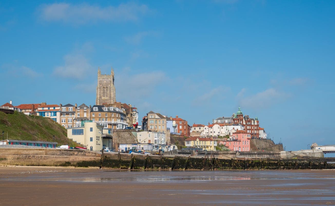 A view overlooking Cromer from the beach showing the properties which 1st Respsonse Drainage provides Drainage Services too