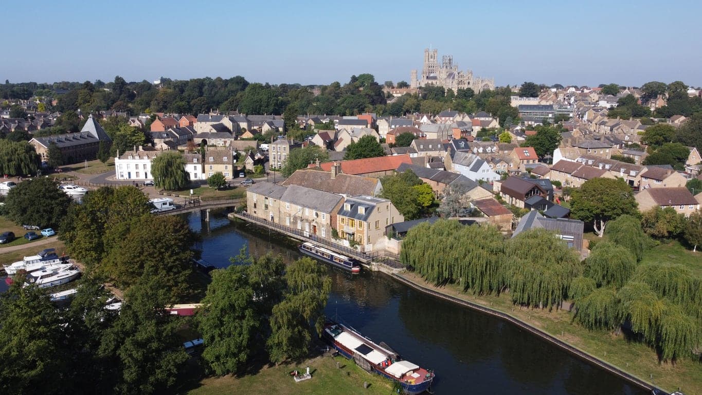 An aerial view of ely showing the location 1st Response drainage covers with drainage services.