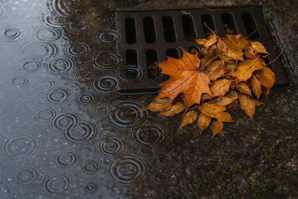 Autumn Leaves blocking an outside drain in Suffolk